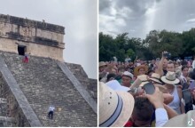 Τουρίστρια στην πυραμίδα των Μάγια στο Μεξικό