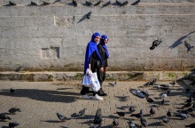 Γυναίκες περπατούν δίπλα από περιστέρια σε δρόμο στην Τουρκία