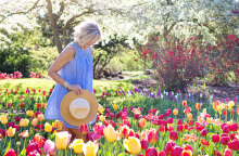 Γυναίκα με άσπρα μαλλιά ανάμεσα σε τουλίπες