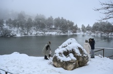 Χιόνια και άτομο που απολαμβάνουν το λευκό τοπίο