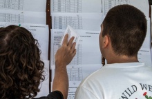 Μαθητές και γονείς έξω από σχολείο όπου ανακοινώθηκαν οι βαθμολογίες των Πανελληνίων 2025 βάσει των οποίων θα καθοριστούν και οι βάσεις 2025