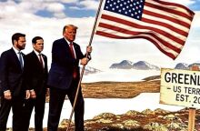 Φωτογραφία AI από ανάρτηση του Ντόναλντ Τράμπ, που τον εμφανίζει να βάζει μια αμερικανική σημαία στη Γροιλανδία και μια πινακίδα να γράφει ΓΡΟΙΛΑΝΔΙΑ ΕΔΑΦΟΣ ΤΩΝ ΗΠΑ ΑΠΟ ΤΟ 2026