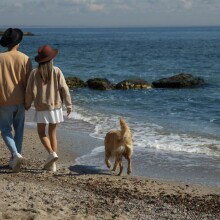 Ζευγάρι περπατά στην παραλία μαζί με τον σκύλο τους