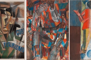 Λιουμπόβ Ποπόβα, Κυβοφουτουριστικό πορτρέτο, 1914, Λάδι σε χαρτόνι / ΒσέβολοντΣουλίμο-Σαμουίλο, Τμήμα από διακοσμητικό πανό για τον Κρατικό Οίκο Τυπογραφίας του Λένινγκραντ, 1927, Λάδι σε καμβά / Αλεξέι Μοργκουνόφ, Όρθια φιγούρα (αεροπόρος), 1913, Λάδι σε καμβά 