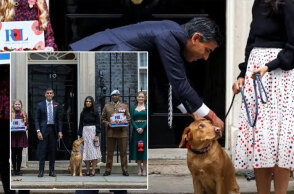 Ο Ρίσι Σούνακ χαϊδεύει τον σκύλο του έξω από την Ντάουνινγκ Στριτ 10