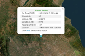 Χάρτης με το επίκεντρο του σεισμού στον Τύρναβο