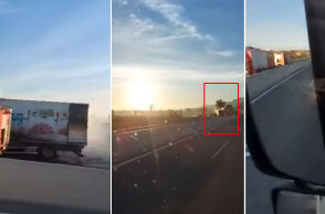 Το φορτηγό που πήρε φωτιά στην Εθνική Οδό Πατρών - Κορίνθου