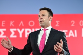 Ο πρόεδρος του ΣΥΡΙΖΑ, Στέφανος Κασσελάκης στην παρουσίαση των υποψηφίων για τις προκριματικές εκλογές ενόψει Ευρωεκλογών 