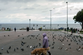 Γυναικα με σκυλο σε παραλια