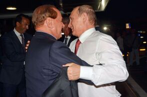Russian President Vladimir Putin (R) meets former Italian prime minister Silvio Berlusconi (L) at Fiumicino Airport in Rome, Italy, 10 June 2015. Vladimir Putin is on a working visit in Italy meeting with PM Renzi, President Mattarella and Pope Francis. EPA/TELENEWS