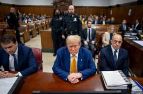 Republican presidential candidate, former US President Donald Trump awaits the start of proceedings in his criminal trial at the New York State Supreme Court in New York, USA, 02 May 2024. Trump is facing 34 felony counts of falsifying business records related to payments made to adult film star Stormy Daniels during his 2016 presidential campaign.