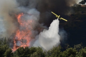 αεροπλανο της πυροσβεστικης ριχνει νερο σε δασος που φλέγεται