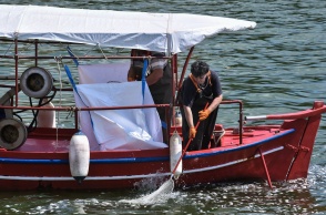 Αλιείς μαζεύουν με απόχη νεκρά ψάρια από τον Βόλο