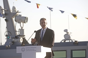 Ο Κυριάκος Μητσοτάκης κατά τη διάρκεια της εκδήλωσης παράδοσης - παραλαβής πέντε νέων περιπολικών σκαφών	 