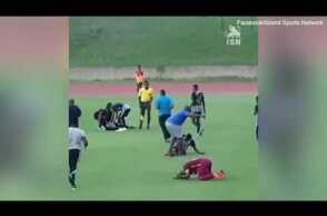 Video: Dramatic moment lightning appears to strike footballers during match