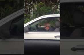 Old man is having fun under metallica