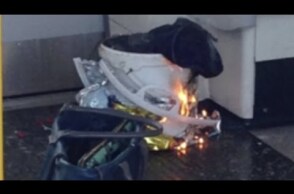 Burning device filmed on tube carriage at Parsons Green station