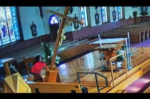 CATCH ON VIDEO: Watsonville woman topples crucifix during catholic church vandalism rampage
