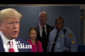 Greta Thunberg stares down Donald Trump as he arrives for UN climate summit