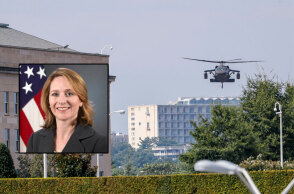 Στρατιωτικό ελικόπτερο απογειώνεται από το αμερικανικό Πεντάγωνο |  Ένθετη: Κάθλιν Χικς, το νέο Νο2 στην ηγεσία του υπουργείου