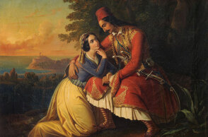 Πίνακας ζωγραφικής «Αποχαιρετισμός στο Σούνιο» δείχνει πολεμιστή και κοπέλα 