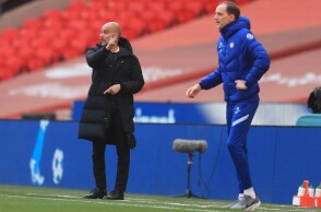 Ο προπονητής της Τσέλσι, Τόμας Τούχελ και ο προπονητής της Μάντσεστερ Σίτι, Πεπ Γκουαρντιόλα