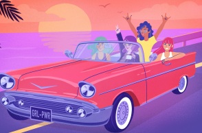 Εικονογράφηση που απεικονίζει 4 γυναίκες σε cabrio αυτοκίνητο