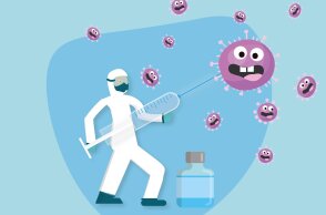 Εικονογράφηση που απεικονίζει νοσηλευτή να επιτίθεται με εμβόλιο στον κορωνοϊό