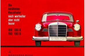 Διαφήμιση του 20ού αιώνα της mercedes που απεικονίζει αυτοκίνητο