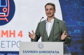 Ο πρωθυπουργός, Κυριάκος Μητσοτάκης, στην εκδήλωση για την υπογραφή της σύμβασης για τη γραμμή 4 του μετρό