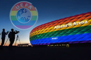Το γήπεδο «Allianz Arena» στο Μόναχο και το logo της UEFA στα χρώματα της ΛΟΑΤΚΙ κοινότητας