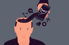 Εικονογράφηση που απεικονίζει άνδρα που ο εγκέφαλός του είναι συνδεδεμένος με smartphone