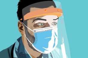 Εικονογράφηση ανθρώπου που φορά προστατευτική μάσκα για τον κορωνοϊό
