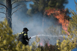 Πυροσβέστης ρίχνει νερό σε δασική πυρκαγιά - Εκδηλώθηκε φωτιά στον Κάλαμο Αττικής