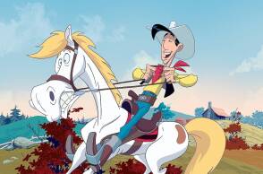 Σκίτσο που δείχνει τον κόμικ ήρωα Λούκι Λουκ πάνω στο άλογό του