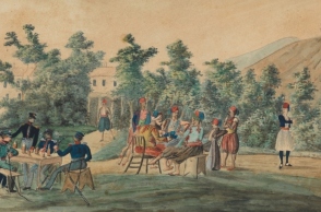 "Έλληνες και Βαυαροί στρατιώτες σε ώρα ανάπαυλας", έργο του Λούντβιχ Κελνμπέργκερ, 1834, από τη Συλλογή Κρασάκη