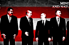 Εικονογράφηση που απεικονίζει τους πολιτικούς ηγέτες Μαδούρο, Ερντογάν, Πούτιν