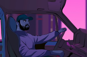 Animation που δείχνει άνδρα να οδηγά αυτοκίνητο