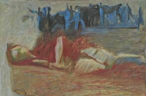 Βαγγέλης Δημητρέας, «Γυναίκα ξαπλωμένη στο παράθυρο (Μορφή που καίγεται)», 1968-1969, Λάδι σε μουσαμά / Συλλογή Εθνικής Πινακοθήκης