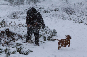 Άνδρας με σκύλο στα χιόνια εν μέσω κακοκαιρίας