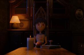 Κούκλα που κάθεται σε τραπέζι