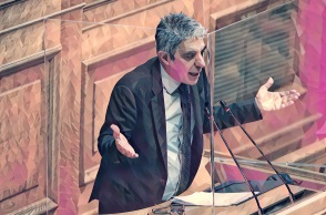 Εικονογράφιση που απεικονίζει τον Γιώργο Τσίπρα στο βήμα της Βουλής