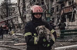 Διασώστης απομακρύνει σκύλο από βομβαρδισμένο κτίριο στην Ουκρανία