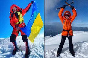 Η Αντονίνα Σαμοΐλοβα με την ουκρανική σημαία στην κορυφή του Έβερεστ