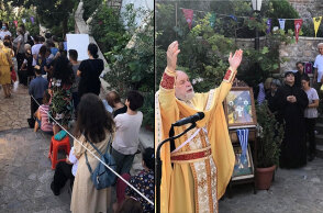 Ο πατέρας Δημήτριος στη γεμάτη κόσμο Εκκλησία Αγίων Ισιδώρων στον Λυκαβηττό