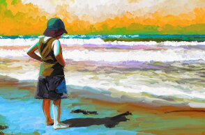 Εικονογράφηση με παιδί μπροστά στην παραλία