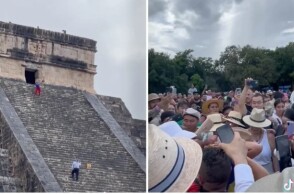 Τουρίστρια στην πυραμίδα των Μάγια στο Μεξικό