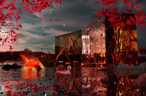 Έργο της φοιτήτριας της ΑΣΚΤ Τριανταφυλλιάς Ντουρούπη στην υπαίθρια εγκατάσταση "Space between" στην περίφραξη του πρώην Hilton Athens