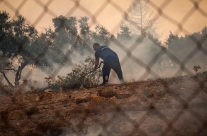 Άτομο προσπαθεί να συνδράμει στην κατάσβεση φωτιάς με κλαδί