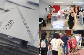 Ψηφοδέλτια του ΣΥΡΙΖΑ και πολίτες που ασκούν το εκλογικό του δικαίωμα, είτε περιμένουν στην ουρά